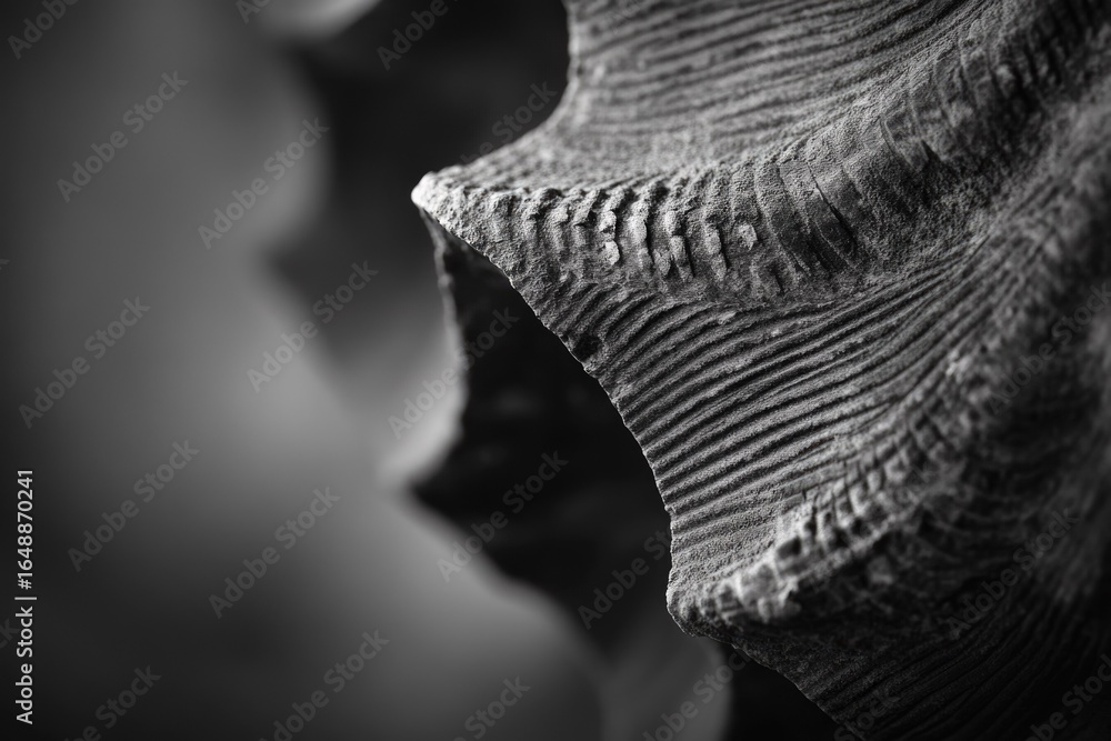 Poster close-up black and white photograph of a fossilized shell, showcasing intricate textures and pattern