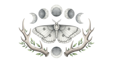 Mystical moth and moon phases framed by antlers and leaves evoke nature's magic and transformation