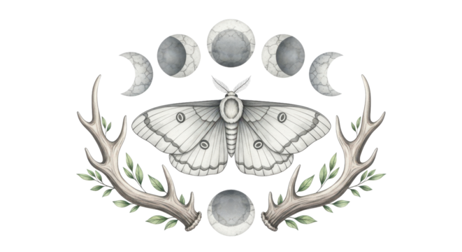 Mystical moth and moon phases framed by antlers and leaves evoke nature's magic and transformation