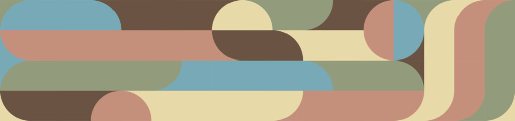 Seamless colorful geometric background in retro style of 60s and 70s, circles and squares in blue and orange. Abstract texture in trendy design.
