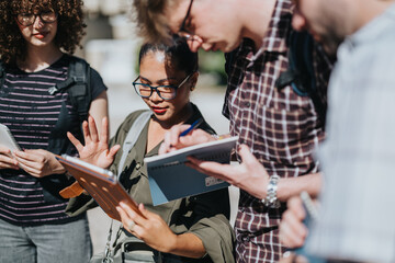 A group of college students discussing and sharing ideas in an outdoor school courtyard on a sunny day, fostering teamwork, learning, and academic collaboration.