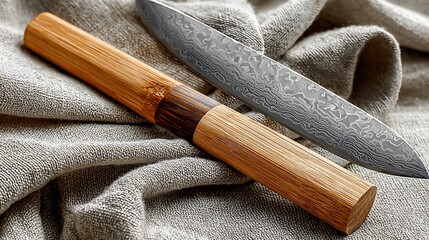 Handcrafted bamboo knife with sharp steel blade high resolution picture