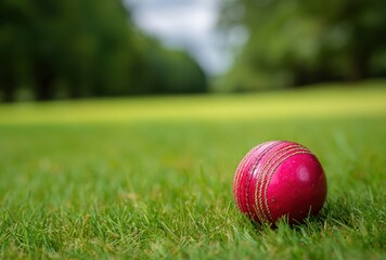 A vibrant image captures a cricket ball resting on a lush green field, with the soft focus of the background trees creating a serene atmosphere, perfect for sports.