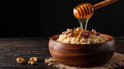 Pouring Honey on Oatmeal with Walnuts, Healthy Breakfast