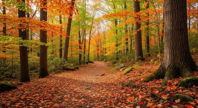 Autumnal forest path.  Colorful foliage blankets a trail through a dense wood
