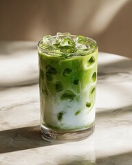 Iced Matcha Latte, cafe, sunlight, marble table, refreshing drink