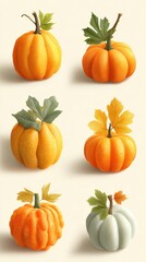 Colorful variety of pumpkins displayed on a neutral background, showcasing seasonal harvest and autumn aesthetics