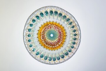 Fototapeta premium Microscopic image reveals intricate, colorful circular patterns resembling a mandala or stained glass.