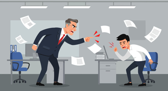 Angry boss yelling at employee in an office papers flying