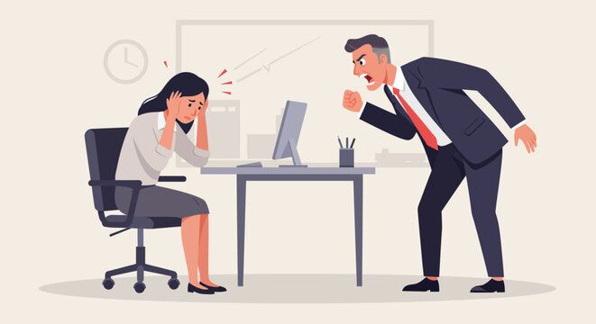 Boss yelling at stressed employee in office