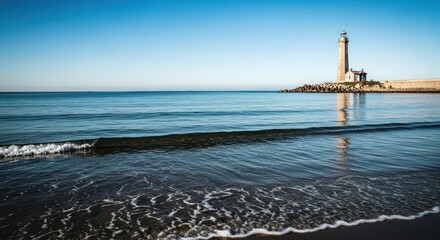 Calm coastal scene with lighthouse