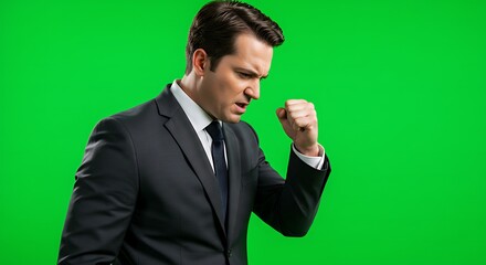 A man in a suit clenches his fist against a green screen