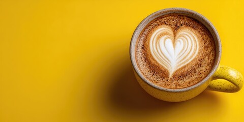 Yellow mug of cappuccino with heart latte art on bright yellow background