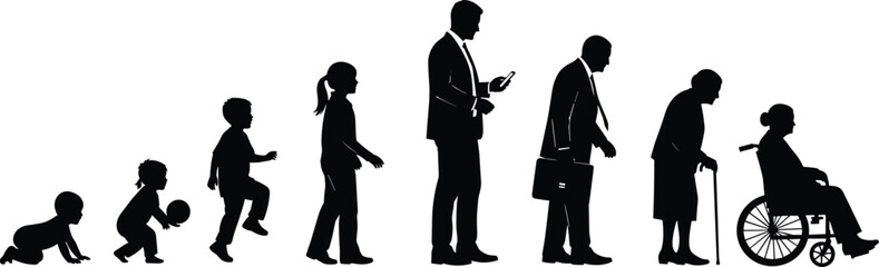 Human life stages silhouette illustration, baby to elderly, aging process concept, growth and development, generational transition, people evolution vector design