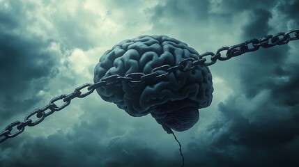 Symbolic photo depicting the human brain enclosed in metal chains against a cloudy dark sky