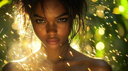 A young, enigmatic woman, her expression devoid of emotion, stands confidently against a vibrant backdrop of verdant green and sun-drenched yellow 