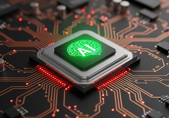Modern AI technology processor with glowing brain circuitry representing machine learning innovation