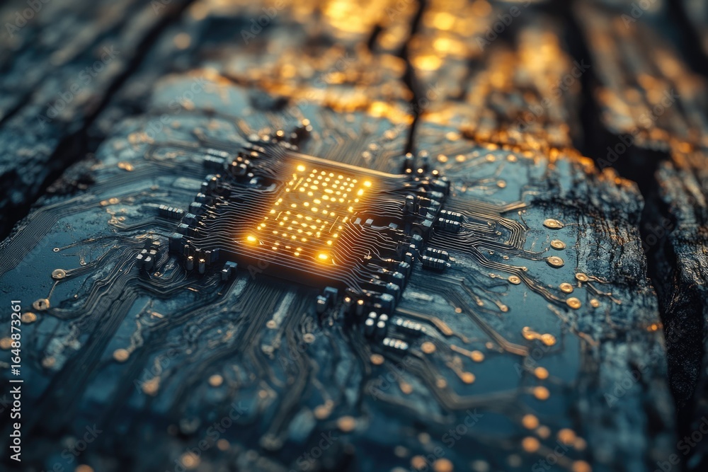 Poster close-up of a glowing microchip on a circuit board, showcasing intricate technological detail.