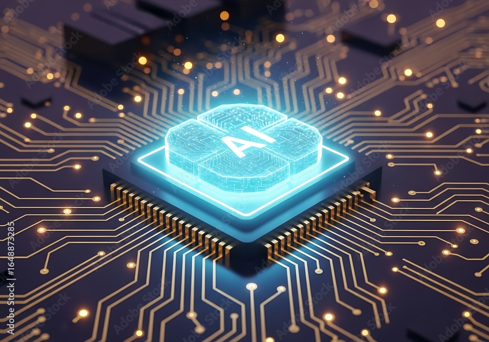 Poster modern glowing ai processor, next generation technology powering future innovation, data processing 