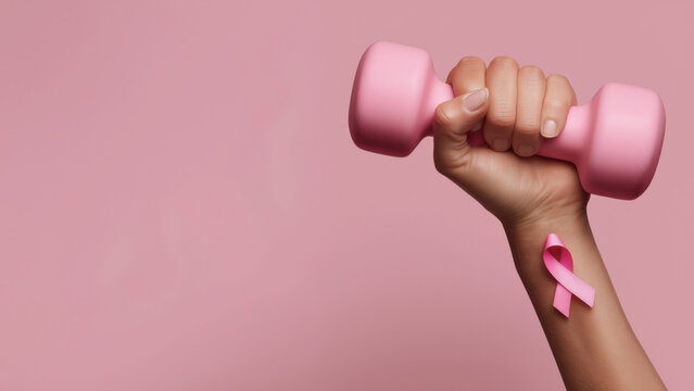 Lifting pink dumbbell for breast cancer, created with AI