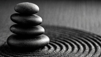 Stacked black stones on dark sand, zen garden