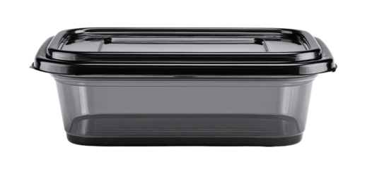 Gray plastic food storage container with black lid