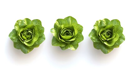 Three bright green lettuce heads arranged in a row on a clean white background photo