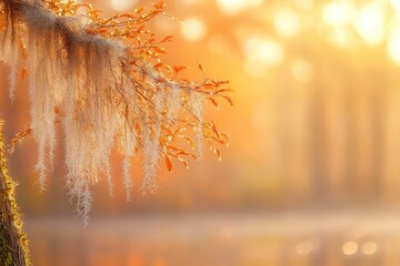 Spanish moss draped on a tree branch at sunrise, creating a serene and dreamy autumnal scene.