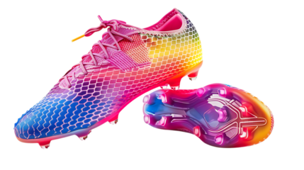 Shop colorful soccer cleats for men and women: vibrant rainbow athletic football shoes online now on transparent background