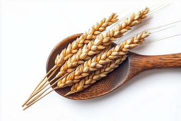 Wheat grains in a wooden spoon isolated on a white background
