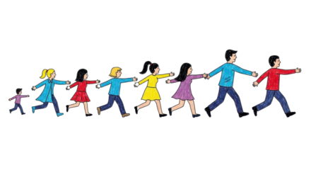 Happy family and friends holding hands, moving forward together with joyful unity and connection.