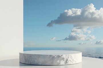 An empty marble podium with water and foam against a blue sky