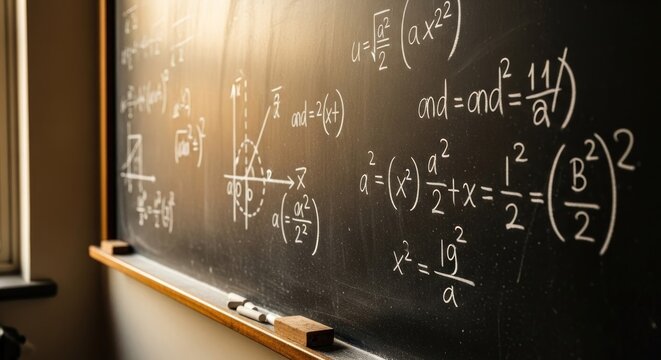 Close-up of a chalkboard filled with complex mathematical equations