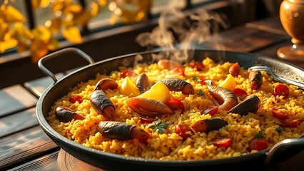 Traditional paella pan with saffron rice and seafood, steam rising under golden hour light.