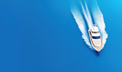 A luxury yacht cuts through a deep blue sea, leaving a frothy white wake behind. Clean lines and minimalist design highlight the vessel