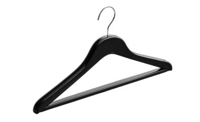 Black plastic coat hanger, angled view