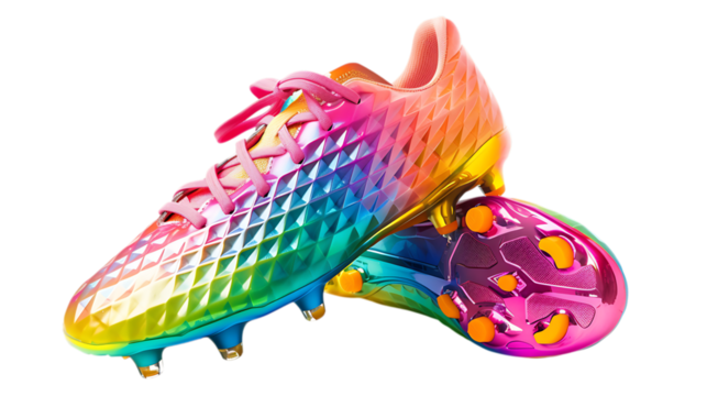 Rainbow soccer cleats for kids and adults colorful football boots sports footwear athletic shoes on transparent background