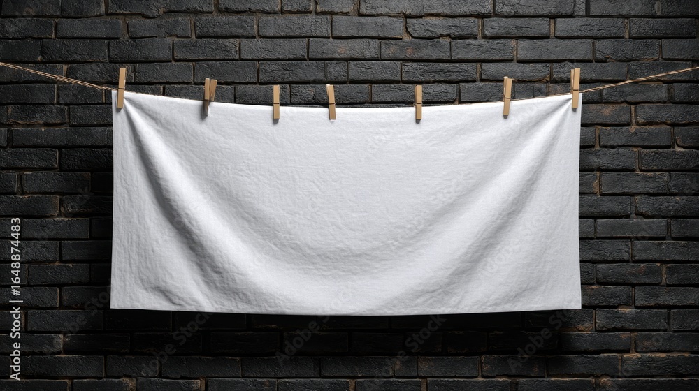 Poster a white fabric is hanging on a clothesline with wooden clips against a dark brick wall, creating a s