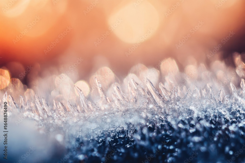 Poster close-up of ice crystals forming intricate patterns against a bokeh background of warm colors.