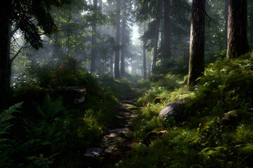 Obraz premium Exploring Nature: A Walk Through a Dense Forest Path Surrounded by Lush Greenery and Thriving Wildlife
