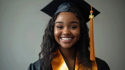 smiling young African American female graduate in cap and gown, celebrating her academic success. isolated background