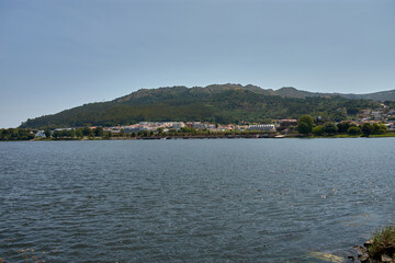 Panoramic view of the Minho River in Goian with the Portuguese municipality of Vilanova de Cerveira...