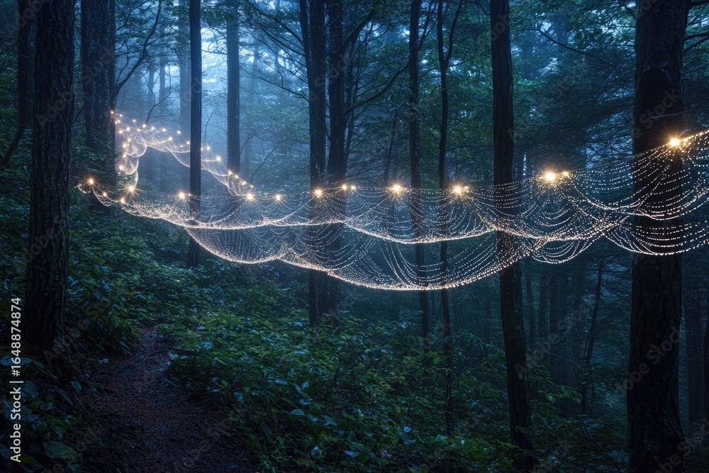Aufkleber enchanted forest path illuminated by a magical, glowing web of lights strung between trees.