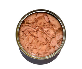 Open Canned Tuna in Oil Top View isolated on white background