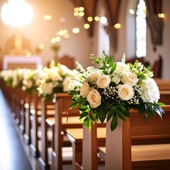 Sunlit church aisle adorned with elegant white rose floral arrangements
