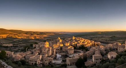 Panoramic vista of a sun-drenched Italian village nestled within rolling hills landscape