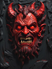 Halloween themed illustration of a bas-relief of a satan face on a black wall.
