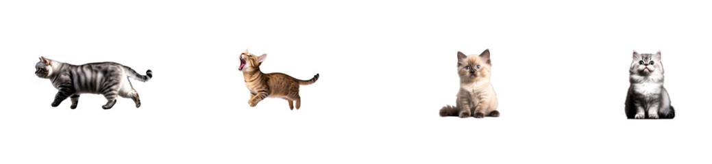 Obraz premium Collection of four domestic cats and kittens with diverse poses on a black background, cut out transparent