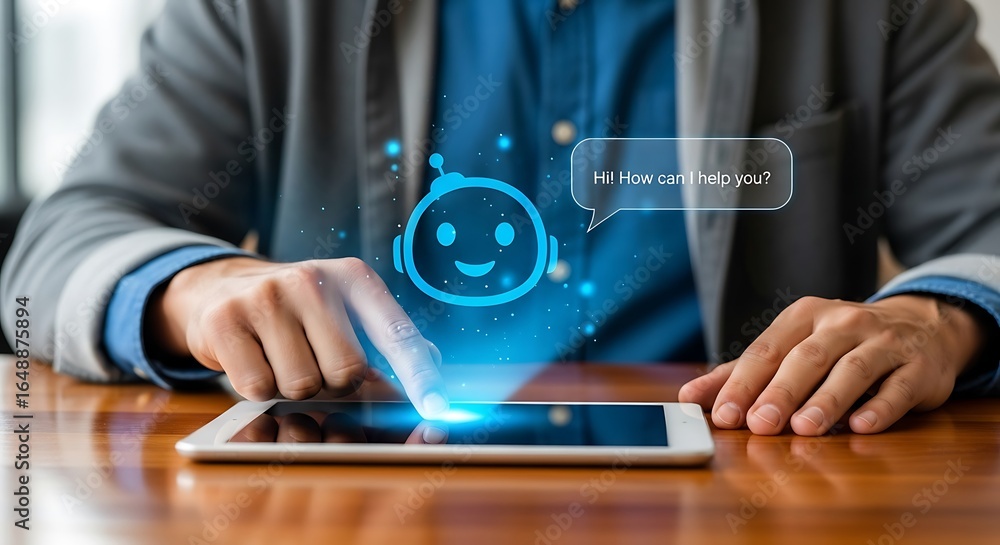 Wall mural modern businessman using digital tablet with chatbot interface application technology