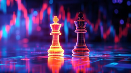 Two illuminated chess king figures on a neon grid with blurred chart elements photo